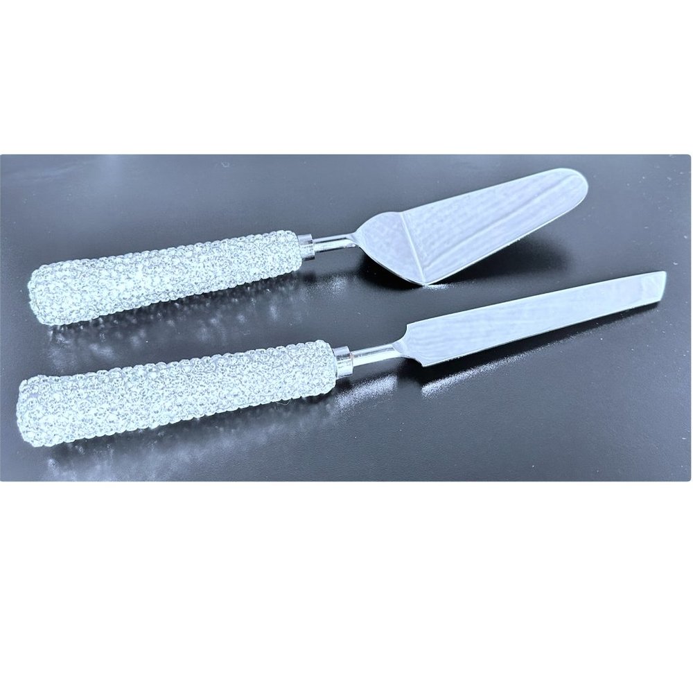 Cake Knife & Server Set Silver with Silver Crystal Handles, Wedding, Anniversary